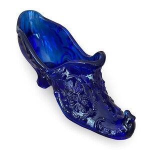 Mosser Fenton Rose Slipper Cobalt Blue Glass Shoe Turned Up Toe